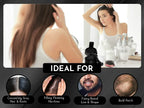 Product advertisement showing a woman applying hair care product, with icons indicating product use for various hair concerns.