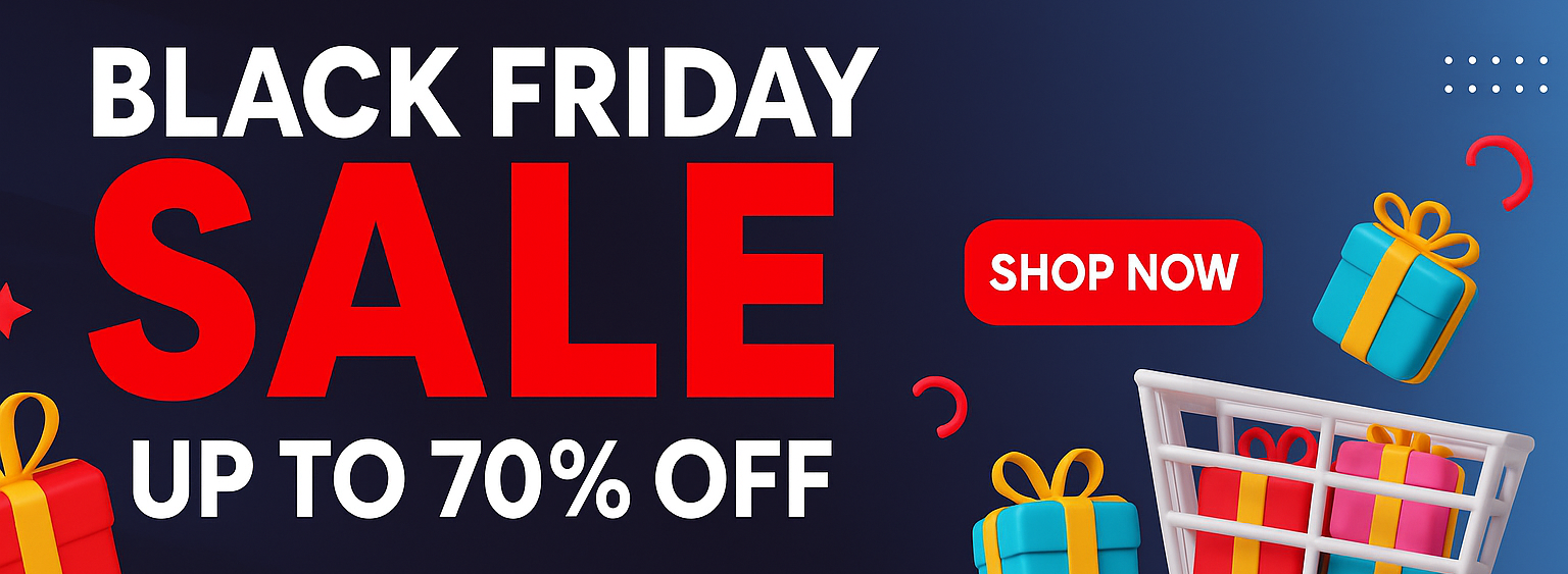 Black Friday sale advertisement with colorful gifts and 'Shop Now' button on a dark blue background