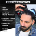 Person applying hair-building product with text highlighting features