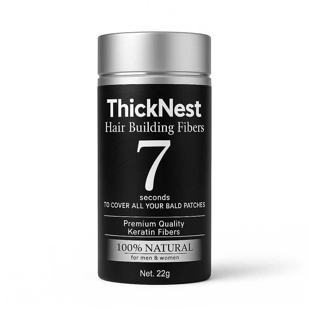 Black container of ThickNest hair building fibers with silver lid on a white background