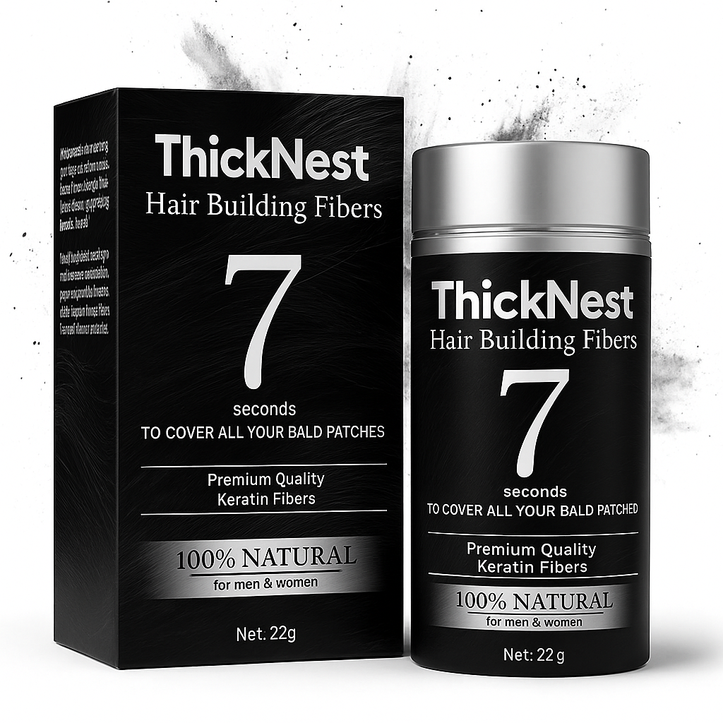 ThickNest hair building fibers packaging on a white background