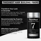 ThickNest Hair Building Fibers packaging with promotional text on a black background