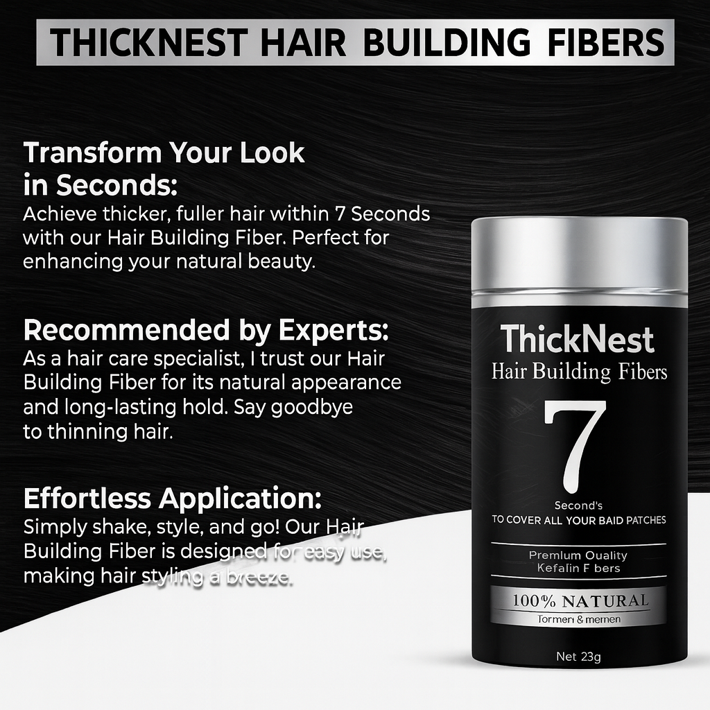 ThickNest Hair Building Fibers packaging with promotional text on a black background
